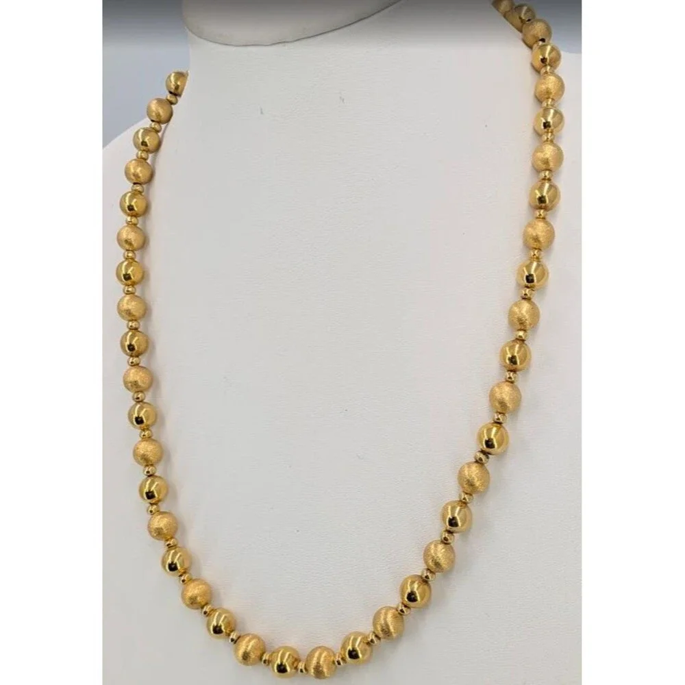 Napier Vintage Gold Tone Bead Necklace Brushed Shiny Round Signed 24 Inch Long